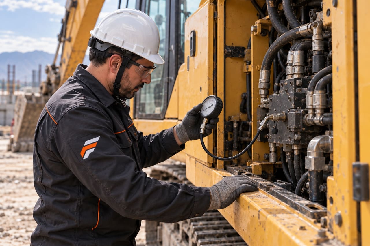 Imagen ilustrativa: técnico FIXES midiendo presión hidráulica con un manómetro