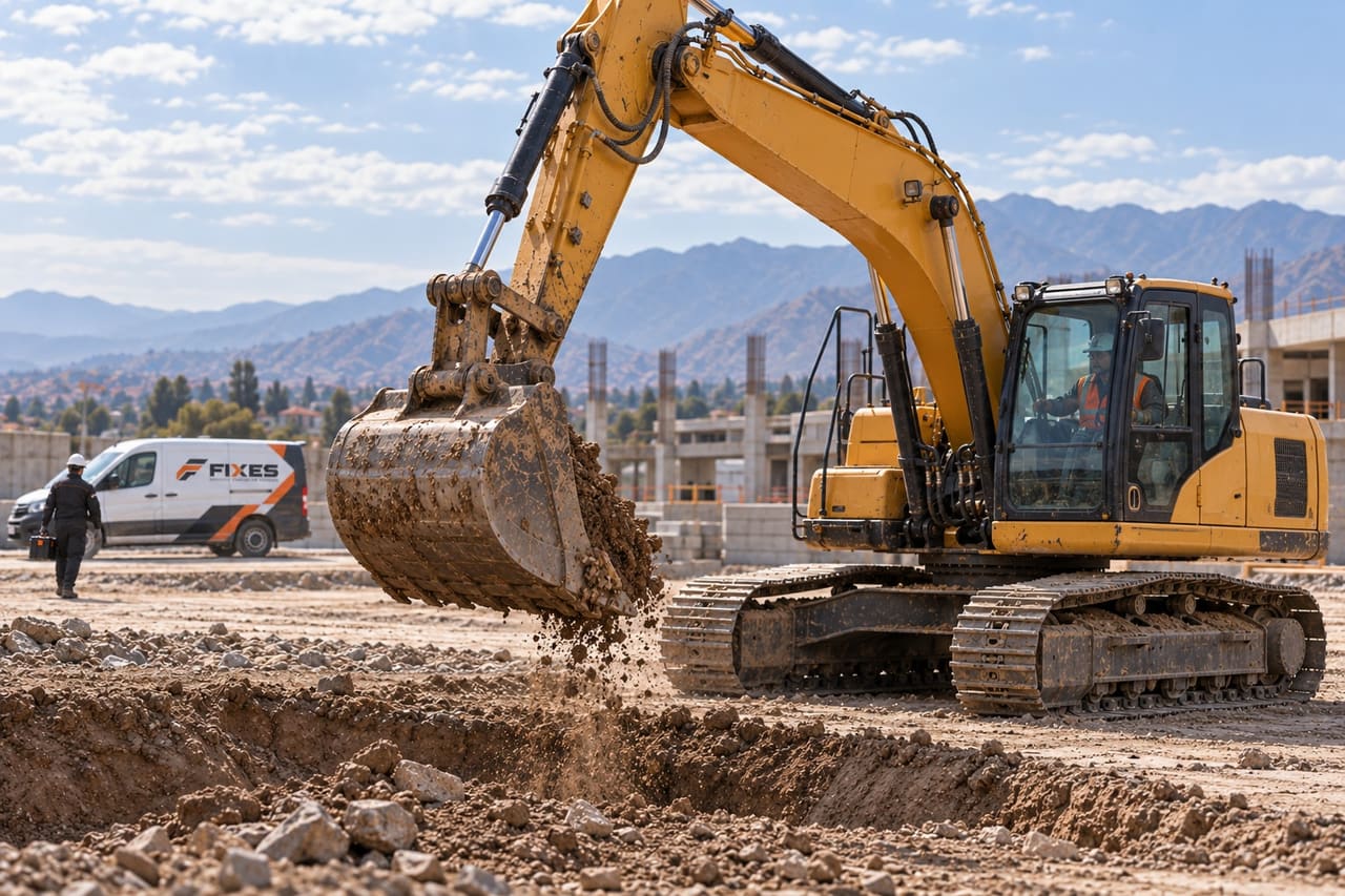 Imagen ilustrativa: excavadora operando en obra con la van FIXES al fondo